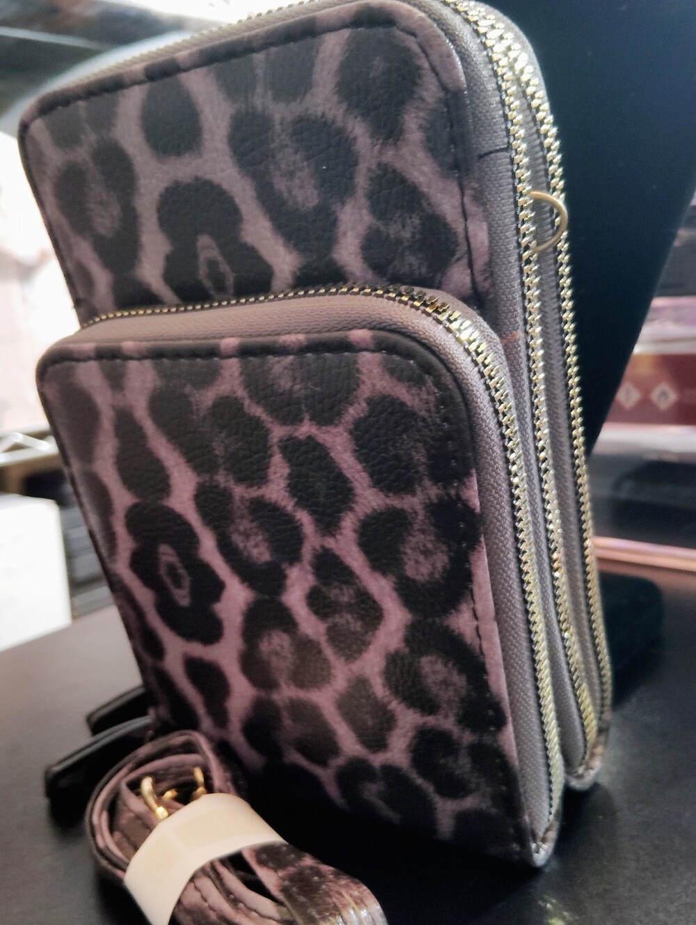Leopard Print Compact Crossbody Bag - Black/Purple